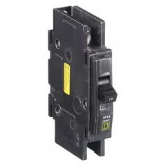 Single-pole, 15 A miniature circuit breaker from the QOU Series, rated for 120/240V AC single-phase operation with a 10kA interrupting rating. Unit-mount design for use in heating equipment branch circuit protection.