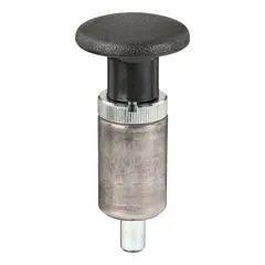 This locking pull-knob weld-mount indexing plunger features a 1 in barrel diameter and 1.5 in barrel length. Designed for industrial fixturing, jigs, and machinery, it provides precise, repeatable positioning via a retractable, lockable plunger that mounts directly by welding.