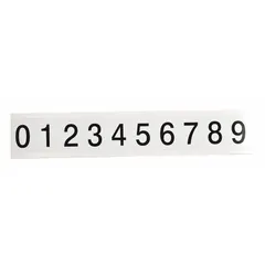 This permanent number label set includes 25 labels with 1-inch Gothic black characters (0 to 9) on a white background. Designed for indoor/outdoor use, the non-reflective labels are suitable for identification of equipment, panels, pipes, or bins.