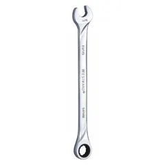 This SAE 12-point ratcheting combination wrench features an 11/16 in head size and a 10 3/4 in overall length. Constructed from alloy steel with a chrome finish, it is suited for general industrial fastening tasks such as maintenance and assembly.