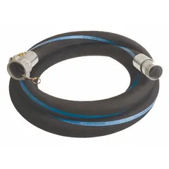 This hose assembly features an EPDM cover with spiral-plied synthetic fabric and wire helix reinforcement for suction and discharge service. Rated at 150 psi with a temperature range of -25° to 200°F, it is suited for dewatering, irrigation, and general fluid transfer in industrial and construction settings. Fitting size is 3 in x 3 in.