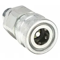 Steel hydraulic quick-connect coupling body with 3/8"-18 male NPT threads and a fluorocarbon seal. Rated for a maximum flow rate of 18.93 lpm. Used for tool-free connection and disconnection of hydraulic lines in fluid power systems