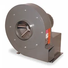 Direct-drive high-pressure blower with a 9-inch wheel and totally enclosed motor. Includes drive pack for installation. Delivers 270 cfm at 4 in static pressure with 3/4 hp. Operates on 208-230/460V AC. Suitable for industrial ventilation, material handling, and combustion air supply.