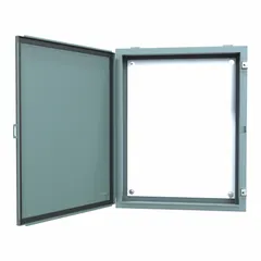 This steel enclosure is rated NEMA 12/13 for protection against dust, dirt, and non-corrosive liquids. It measures 30 x 24 x 6 inches, features a solid hinged cover with clamp closure, and includes a mounting panel. No knockouts are provided. Typical applications include housing electrical controls and instruments in industrial environments such as manufacturing plants and machine shops.