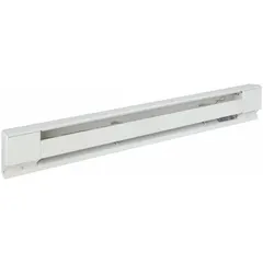 This Dayton electric baseboard heater delivers 1000W of heating output at 208V AC, suitable for supplemental or primary space heating in commercial environments. The off-white conventional housing integrates into various settings. A separate thermostat is required for temperature control.