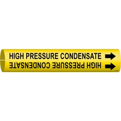 This snap-on pipe marker is used to identify high pressure condensate lines in industrial piping systems. It features a yellow background with black legend text and directional arrows. The marker fits pipe outer diameters from 1-1/2 to 2-3/8 inches.