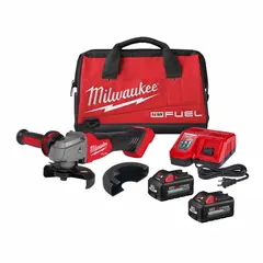 18V DC brushless angle grinder with standard head, accepts 5 in or 4 1/2 in wheels. Includes (2) 6 Ah batteries and Anti-Kickback Clutch. Used for cutting, grinding, and surface preparation on metal and masonry in fabrication, construction, and maintenance.