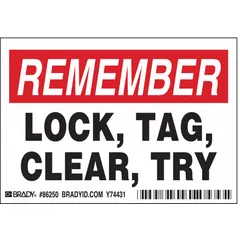 Polyester adhesive sign mounting for lock, tag, clear, try applications. Pack of 5 signs, each 3 1/2 in x 5 in, 0.01 in thick. Non-retroreflective, non-glowing. Suitable for indoor industrial safety and identification signage.