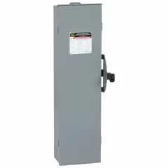 This SQUARE D fusible safety switch is rated for 100 A, three-phase, 600V AC, with a galvanized steel enclosure suitable for indoor or outdoor use. It serves as a disconnect for electrical circuits in industrial and commercial settings, enabling safe maintenance and isolation of equipment.