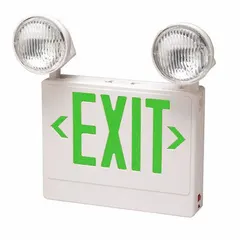 This plastic exit sign with round top-mount light heads features green LED illumination on one or two faces. It operates on 120/277V AC and includes universal field selectable chevrons for directional indication. Designed for ceiling or wall mounting, the white housing with green text provides clear egress guidance in commercial and industrial settings.