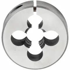 Adjustable round threading die for cutting external UNF fine threads on bolts, studs, or rods. Made from high-speed steel with a 1 1/2 in outside diameter. The adjustable design enables fine tuning of thread fit for precision work.