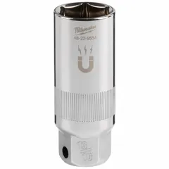 This 13/16 in SAE spark plug socket features a 6-point deep design with a chrome finish. It is used for removing and installing spark plugs in engines, fitting standard automotive and small-engine applications.