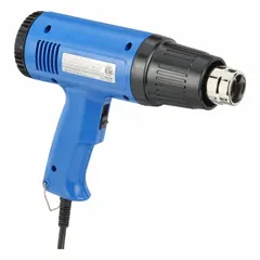 This pistol-grip heat gun features surface temperature control for precise heating. It operates on 120V AC with a two-prong plug and draws 10A current. Suitable for applications such as shrinking tubing, bending plastics, and drying coatings.