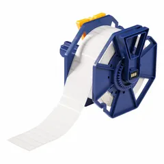 Acrylic permanent adhesive label roll with inkjet print-receptive material. Contains 1000 labels sized 1/2 in x 2 in. Compatible with Brady J7300 printer series. Used for industrial identification such as asset tags, cable markers, and equipment labels.