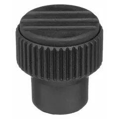 Knurled knob with threaded hole for manual adjustment and clamping on industrial machinery, jigs, and fixtures. Gray plastic body with stainless steel thread insert. 26 mm diameter, 5/16"-18 thread size, 14 mm thread length.