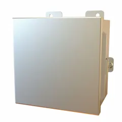 This stainless steel enclosure measures 6 x 6 x 4 inches and includes an inner panel. It features clamp closure and is rated NEMA 12, 13, 3R, 4, and 4X for protection against dust, water, and corrosion. Suitable for housing electrical controls, terminals, and instruments in indoor or outdoor industrial environments.