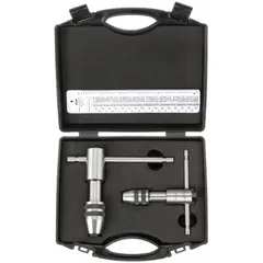 This ratcheting sliding T-handle tap wrench set is designed for manual threading operations, such as cutting internal threads in drilled holes. The ratcheting mechanism allows continuous operation without repositioning, making it suitable for use in maintenance, repair, and fabrication work. Tap capacity ranges from #0 to 1/2 inch.