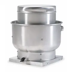 This Dayton belt-drive fan is supplied without a drive package and is intended for roof or wall mounting. It features a 21 1/4 in wheel and delivers airflow from 2,073 cfm to 6,806 cfm with a 1/4 hp motor. The unassembled unit has a square base and is not designed for high-static-pressure applications. Typical use includes exhaust in commercial kitchen environments.