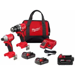 This kit includes an M18 18V DC drill/driver and impact driver for drilling and fastening tasks. Suitable for use in construction, maintenance, and assembly applications where cordless mobility is required.