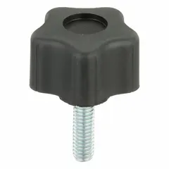 This 5-arm knob features a plastic body with a steel thread insert for comfortable grip and durable threading. The threaded stud allows for manual clamping, positioning, and adjustment on industrial machinery, jigs, and fixtures. Thread size is 5/16"-18 with a 1 in thread length.