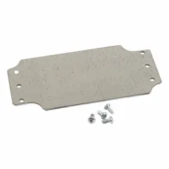 Galvanized steel back panel for interior mounting within electrical enclosures. Provides a stable mounting surface for securing components such as terminal blocks, relays, and controllers. Overall height 4.25 inches, overall width 2.05 inches.