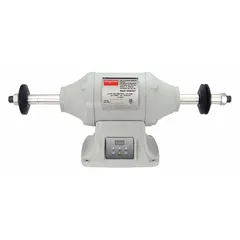 This bench buffer features a 1 1/2 hp motor with variable speed control up to 3,000 RPM, accepting wheels up to 10 inches in diameter. It operates on 115/240V single-phase power, suitable for polishing, deburring, and finishing metal or wood surfaces in industrial maintenance and fabrication shops.