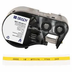 Polyolefin heat-shrink sleeve label in yellow matte finish. Designed for wire gauges 16 AWG to 22 AWG. Compatible with M410 printer series. Used for permanent identification of wires and cables in industrial applications.