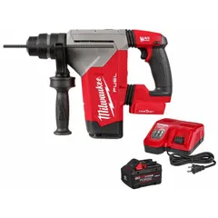 Pistol-grip cordless rotary hammer operating on 18V DC. Accepts SDS-Plus bits up to 1 1/8 in max. Includes one battery and one charger. Suitable for drilling and chiseling in concrete, masonry, and stone.