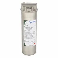 This 3M AQUA-PURE water filter cartridge housing is constructed from 316 stainless steel with a silver finish. It features a 3/4 in NPT female connection, overall height of 12 in, and overall diameter of 4 1/8 in. Designed for use in water filtration systems, it provides a corrosion-resistant enclosure for sediment or carbon cartridges in commercial and industrial applications.