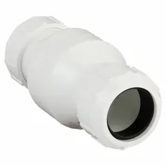 This PVC inline swing check valve features a swing-type valve body with compression x compression connections for 2 in pipe. It allows flow in one direction and prevents backflow in piping systems. Suitable for horizontal or vertical installation in water, chemical, and industrial applications.