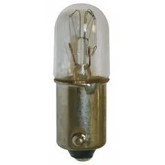 Incandescent lamp with BA9s single-contact miniature bayonet base and T3-1/4 tubular bulb shape. Operates at 6V AC and produces white light. Suitable for indicator lights, panel illumination, and signal applications in control cabinets and instrumentation.