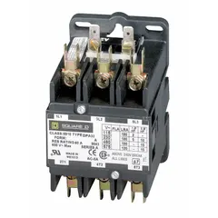 Three-phase non-reversing definite purpose contactor rated 90 A at 480V AC. Features 3 normally open main poles, 440/480V AC coil voltage, and quick-disconnect terminals. Suitable for switching HVACR equipment and industrial three-phase loads such as compressors, fans, and pumps.
