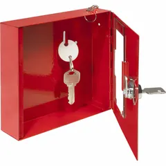 Steel emergency key box with red enamel finish, designed for wall mounting. Single key lock secures one key for authorized access. Includes mounting hardware. Commonly used in commercial and facility settings for emergency key storage.