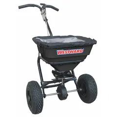 This manual walk-behind spreader is suited for applying salt, ice melt, or granular materials on lawns, landscapes, and agricultural areas. It features a steel frame and a 70 lb capacity, with a maximum spread width of 12 ft.