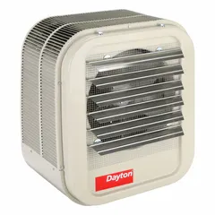 This Dayton unit heater is designed for wall or ceiling mounting in commercial and industrial spaces. It operates on 480 V AC, 3-Phase power and measures 21-3/4 in H x 19 in W x 13-3/4 in D. Suitable for heating warehouses, workshops, and similar facilities.