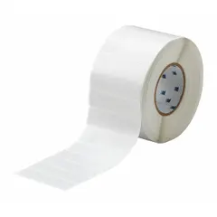 Precut label roll cartridge containing vinyl wraparound labels with white matte finish. Each label measures 3 3/4 in x 1 in and is designed for 1 AWG wire gauge. Compatible with THT printer series; requires R4307 ribbon. Used for permanent identification of wires and cables in industrial settings.