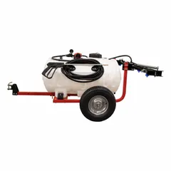 This tow-behind sprayer is designed for ATV or UTV use, featuring a 65 gallon tank and a maximum pressure of 60 psi. It is suited for garden and agricultural spraying tasks such as applying fertilizers, herbicides, and pesticides on large properties or farms.