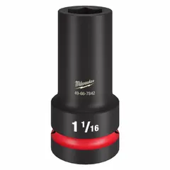 This 1" drive impact socket features a 1-1/16" SAE hex size with a 6-point deep design for secure engagement on hex fasteners. The black phosphate finish provides corrosion resistance. Suitable for use with impact wrenches in heavy-duty fastening tasks.