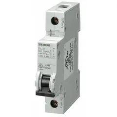 This 1-pole B-curve miniature circuit breaker is rated 45 A with a maximum interrupting rating of 14 kA at 240 V AC and a DC voltage rating of 60 V DC. It features screw clamp terminals and is UL489 listed for DIN rail mounting. Typical applications include branch circuit protection in industrial control panels, HVAC equipment, and machinery.