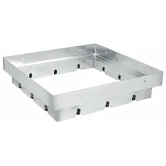 Galvanized steel adapter for downblast fans. Adapts a 19-inch fan base to fit a 21-inch roof curb. Includes eight 1/4-20 Tinnerman speed nuts for fastening. Used to mount fans on roof curbs in ventilation systems.