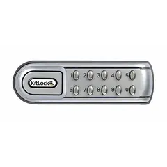 Electronic keypad lock with cam latch mechanism, powder coated finish. Body height 1 5/8 inches, width 5 3/8 inches. Designed for securing cabinets, lockers, and enclosures in commercial and institutional settings, providing keyless entry.