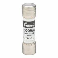 Midget, fast-acting, non-indicating cylindrical fuse rated 10 A and 600 V AC. Dimensions: 13/32 in x 1 1/2 in. Used for overcurrent protection in control panels, motor starters, and lighting circuits where rapid response to short circuits is required.