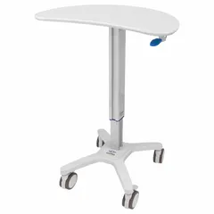 This mobile medical equipment workstation is constructed from aluminum with a gray cabinet. It is equipped with four swivel casters with brakes for secure positioning. Suitable for use in healthcare settings where mobility and stability are required for point-of-care tasks.