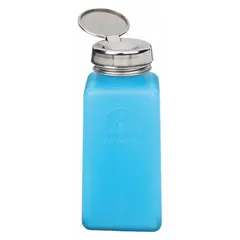 HDPE dispensing bottle with 236.5 mL (8 fl oz) capacity, designed for isopropyl alcohol (IPA). Includes a silver dropper closure for controlled dispensing. Non-sterile, blue color. Suitable for laboratory and industrial applications requiring precise solvent application.