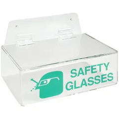 Clear plastic tray with one compartment designed to hold up to 4 pairs of safety eyewear. Overall width 9 in, overall height 3 in. Used for organizing and storing protective glasses in industrial, laboratory, or workshop settings.