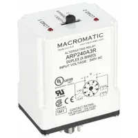 This socket-mounted alternating relay from MACROMATIC features an octal base and plug-in mounting style. It is rated for 10 A at 240 V AC and 10 A at 24 V DC, with DPDT contacts. Typical applications include load sharing or sequencing in pump control, compressor staging, and HVAC systems