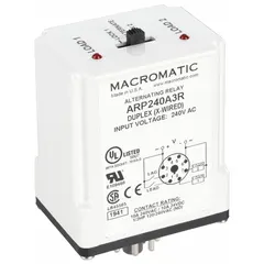 This socket-mounted alternating relay from MACROMATIC features an octal base and plug-in mounting style. It is rated for 10 A at 240 V AC and 10 A at 24 V DC, with DPDT contacts. Typical applications include load sharing or sequencing in pump control, compressor staging, and HVAC systems.