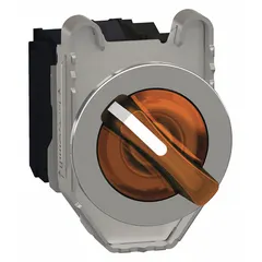 This 30 mm panel-mount illuminated selector switch features a short-handled knob and metallic bezel. It offers two maintained positions (Off/On) with 1NO/1NC contacts, rated 6 A at 120 V AC and 0.1 A at 600 V DC. The plastic operator head is illuminated, and no cam is included. Typical applications include manual control in industrial control panels, machinery, and process automation systems.