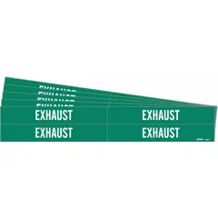 These adhesive pipe markers identify exhaust lines in piping systems. The green background with white legend text meets standard color-coding requirements. Each marker fits pipe outer diameters from 3/4 to 2-3/8 inches. Pack includes 4 markers without arrows, sold in a 5-pack configuration.