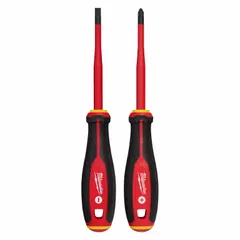 This 2-piece insulated screwdriver set includes Cabinet, Phillips, and Square tip types. Designed for electrical work where protection against accidental contact with live circuits is required, it is suitable for electricians and maintenance technicians working on energized equipment.